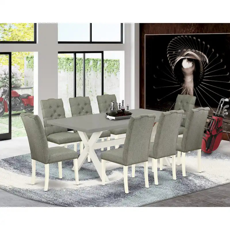 Set da pranzo - un tavolo da pranzo e sedie Parsons in lino grigio, bianco sporco (Opzioni pezzi)
