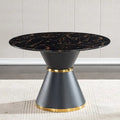 Tavolo da pranzo rotondo in MDF stampato effetto marmo nero, base colonnare nera con anello dorato (sedie escluse)