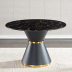 Tavolo da pranzo rotondo in MDF stampato effetto marmo nero, base colonnare nera con anello dorato (sedie escluse)