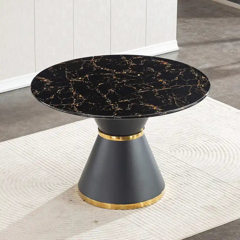Tavolo da pranzo rotondo in MDF stampato effetto marmo nero, base colonnare nera con anello dorato (sedie escluse)