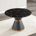 Tavolo da pranzo rotondo in MDF stampato effetto marmo nero, base colonnare nera con anello dorato (sedie escluse)