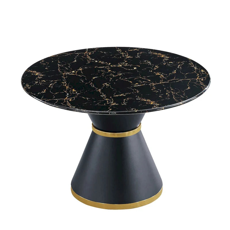 Tavolo da pranzo rotondo in MDF stampato effetto marmo nero, base colonnare nera con anello dorato (sedie escluse)
