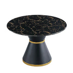 Tavolo da pranzo rotondo in MDF stampato effetto marmo nero, base colonnare nera con anello dorato (sedie escluse)