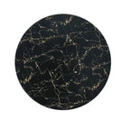 Tavolo da pranzo rotondo in MDF stampato effetto marmo nero, base colonnare nera con anello dorato (sedie escluse)