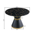 Tavolo da pranzo rotondo in MDF stampato effetto marmo nero, base colonnare nera con anello dorato (sedie escluse)