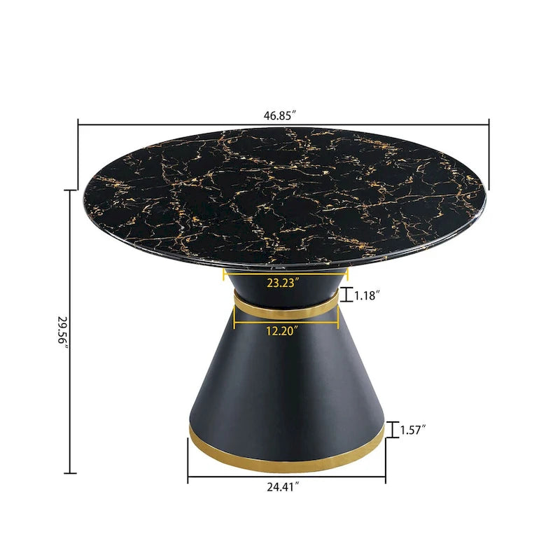 Tavolo da pranzo rotondo in MDF stampato effetto marmo nero, base colonnare nera con anello dorato (sedie escluse)