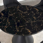 Tavolo da pranzo rotondo in MDF stampato effetto marmo nero, base colonnare nera con anello dorato (sedie escluse)