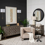 Credenza a 9 cassetti impiallacciata in abete grigio con base in metallo dorato