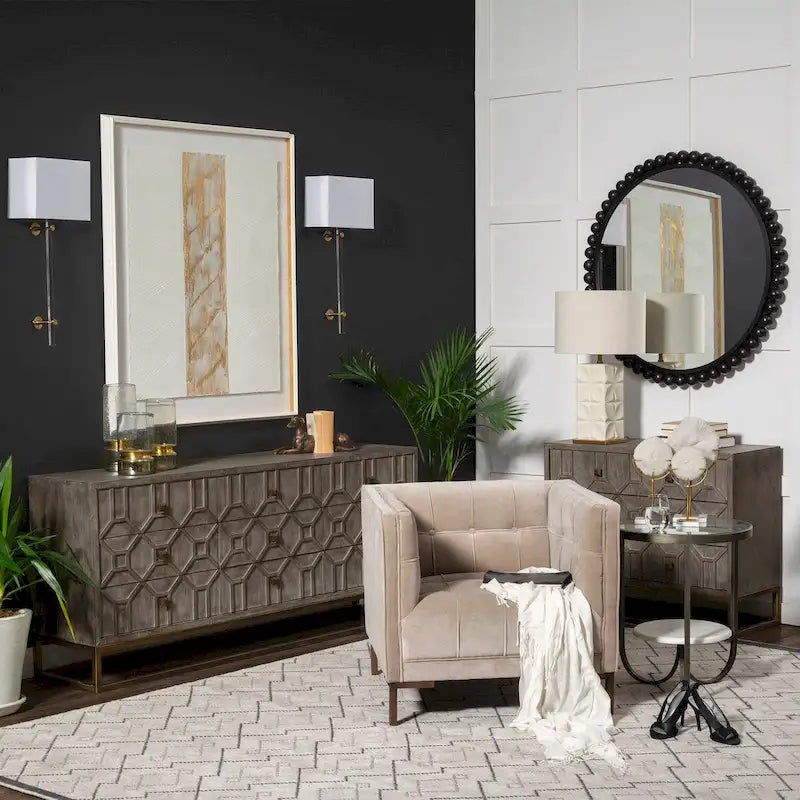 Credenza a 9 cassetti impiallacciata in abete grigio con base in metallo dorato
