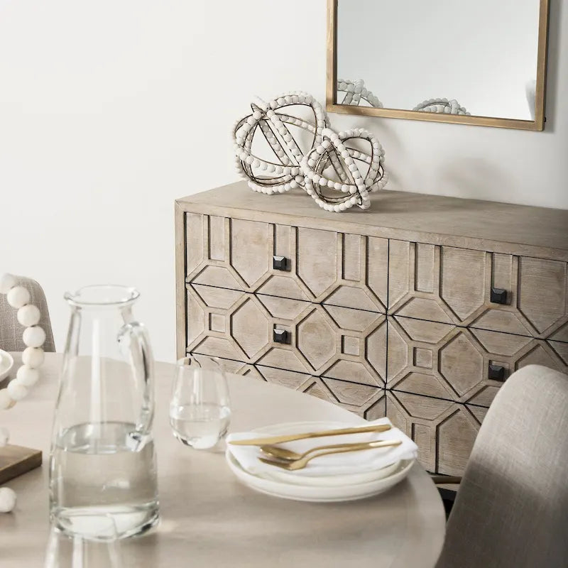 Credenza a 9 cassetti impiallacciata in abete grigio con base in metallo dorato