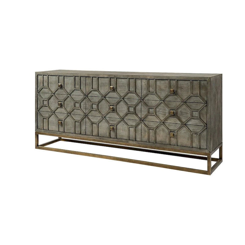 Credenza a 9 cassetti impiallacciata in abete grigio con base in metallo dorato