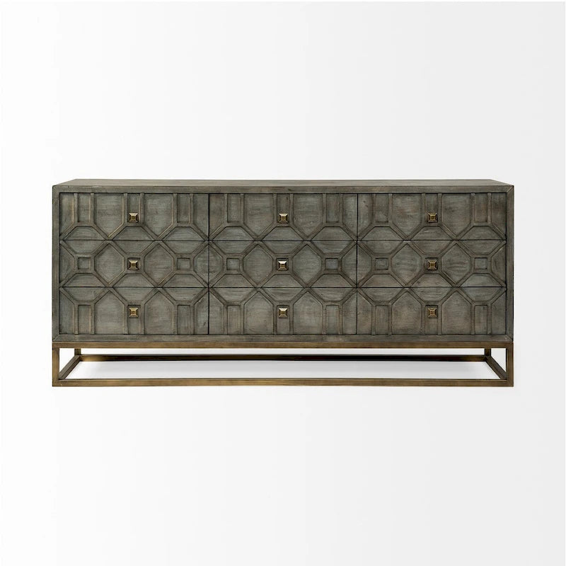 Credenza a 9 cassetti impiallacciata in abete grigio con base in metallo dorato