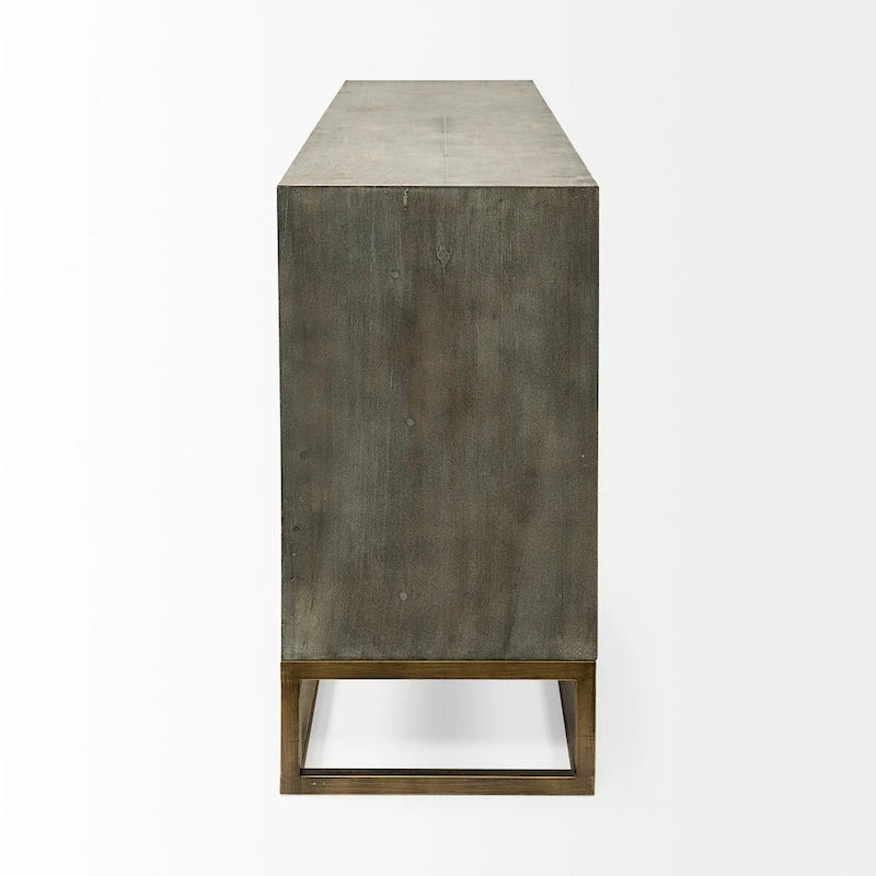 Credenza a 9 cassetti impiallacciata in abete grigio con base in metallo dorato
