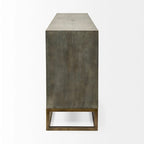 Credenza a 9 cassetti impiallacciata in abete grigio con base in metallo dorato