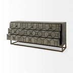 Credenza a 9 cassetti impiallacciata in abete grigio con base in metallo dorato