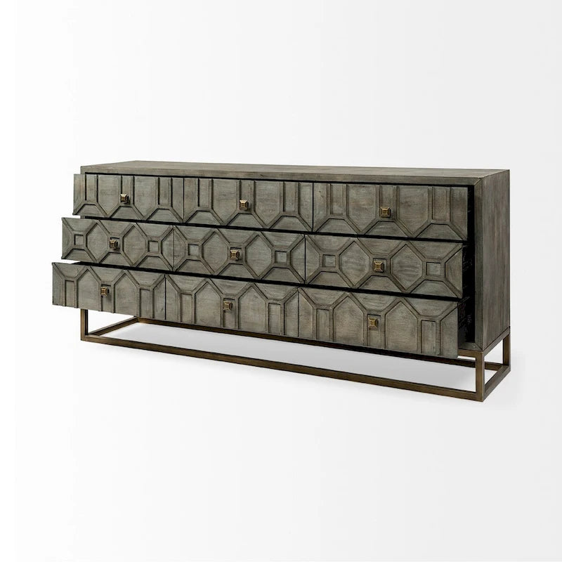 Credenza a 9 cassetti impiallacciata in abete grigio con base in metallo dorato