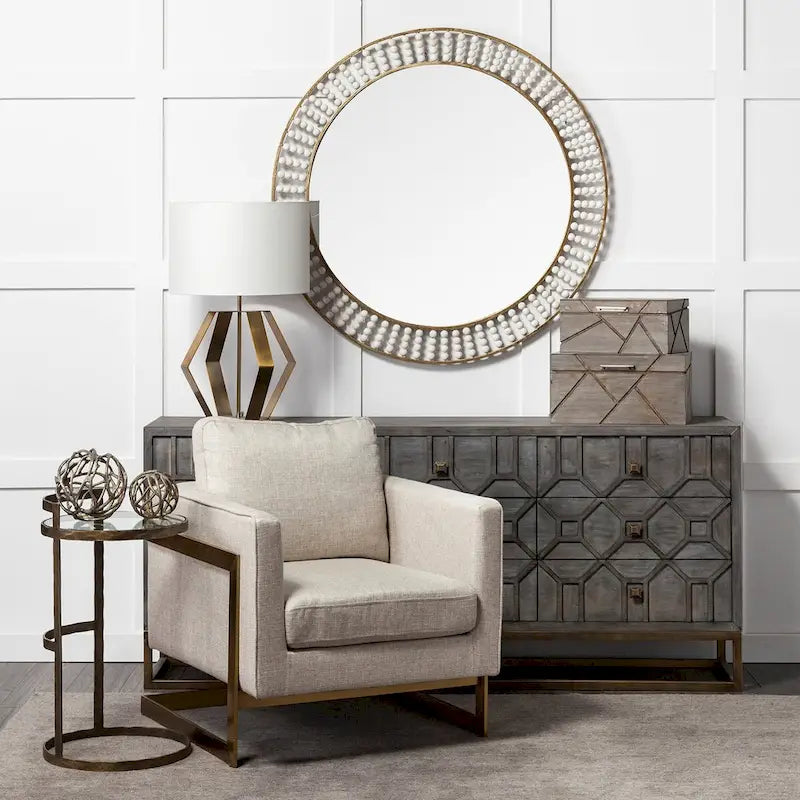 Credenza a 9 cassetti impiallacciata in abete grigio con base in metallo dorato