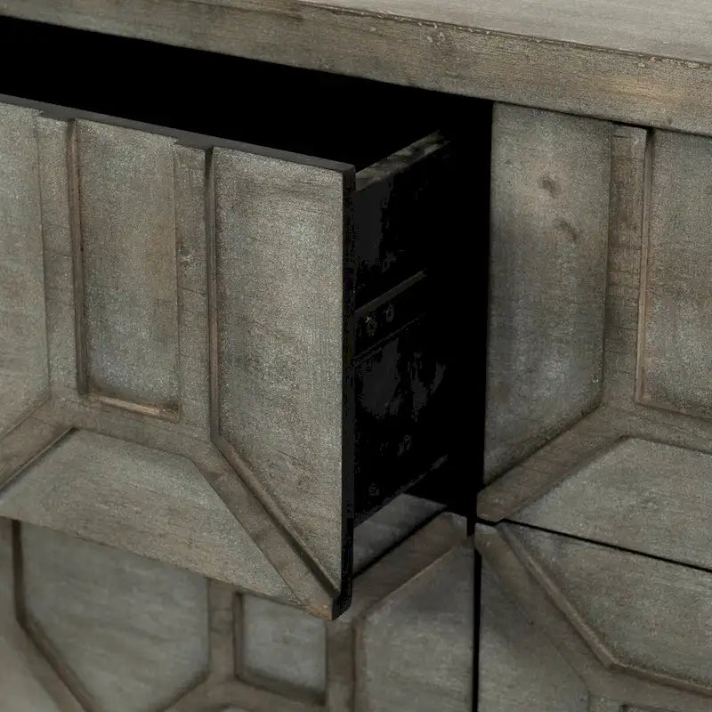 Credenza a 9 cassetti impiallacciata in abete grigio con base in metallo dorato