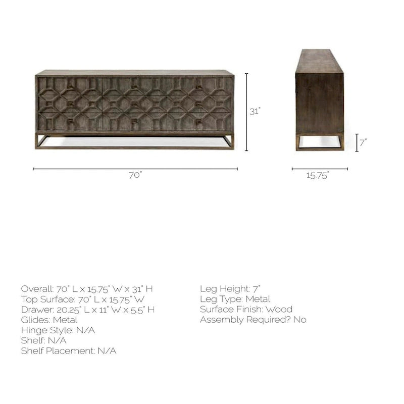 Credenza a 9 cassetti impiallacciata in abete grigio con base in metallo dorato