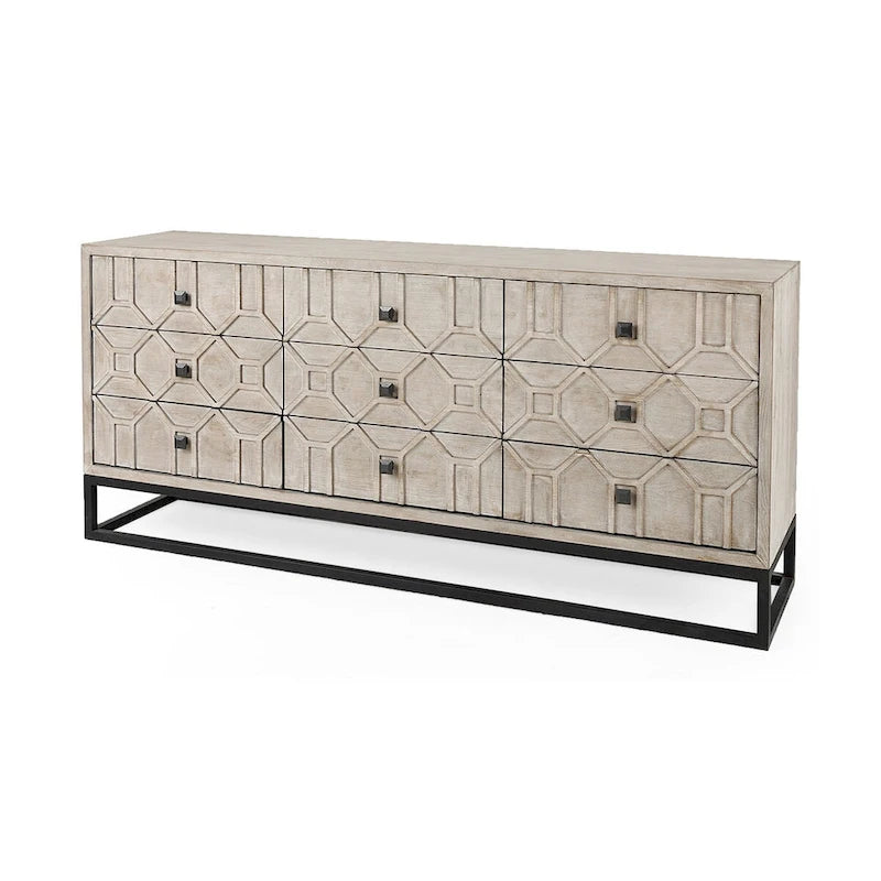 Credenza a 9 cassetti impiallacciata in abete grigio con base in metallo dorato