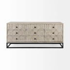 Credenza a 9 cassetti impiallacciata in abete grigio con base in metallo dorato