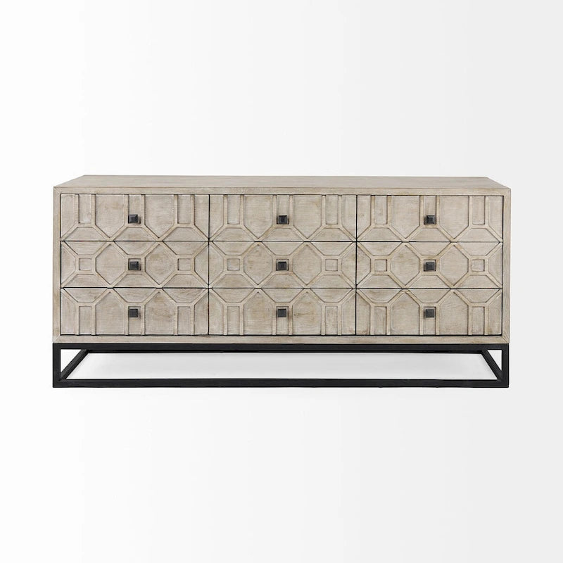 Credenza a 9 cassetti impiallacciata in abete grigio con base in metallo dorato