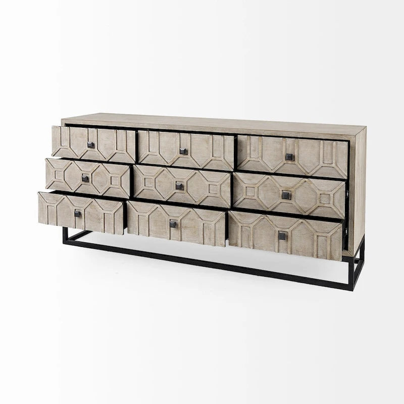 Credenza a 9 cassetti impiallacciata in abete grigio con base in metallo dorato