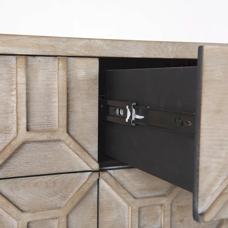 Credenza a 9 cassetti impiallacciata in abete grigio con base in metallo dorato
