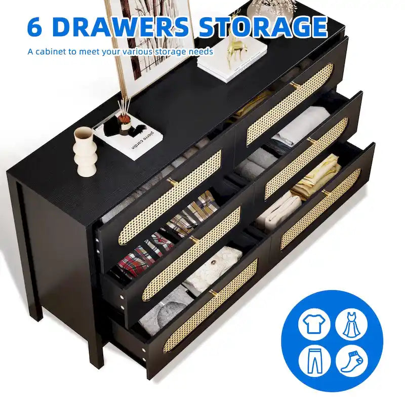 Cassettiera doppia a 6 cassetti in rattan, mobile contenitore