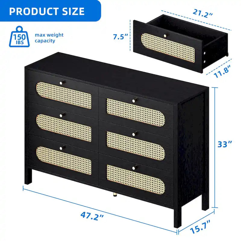 Cassettiera doppia a 6 cassetti in rattan, mobile contenitore