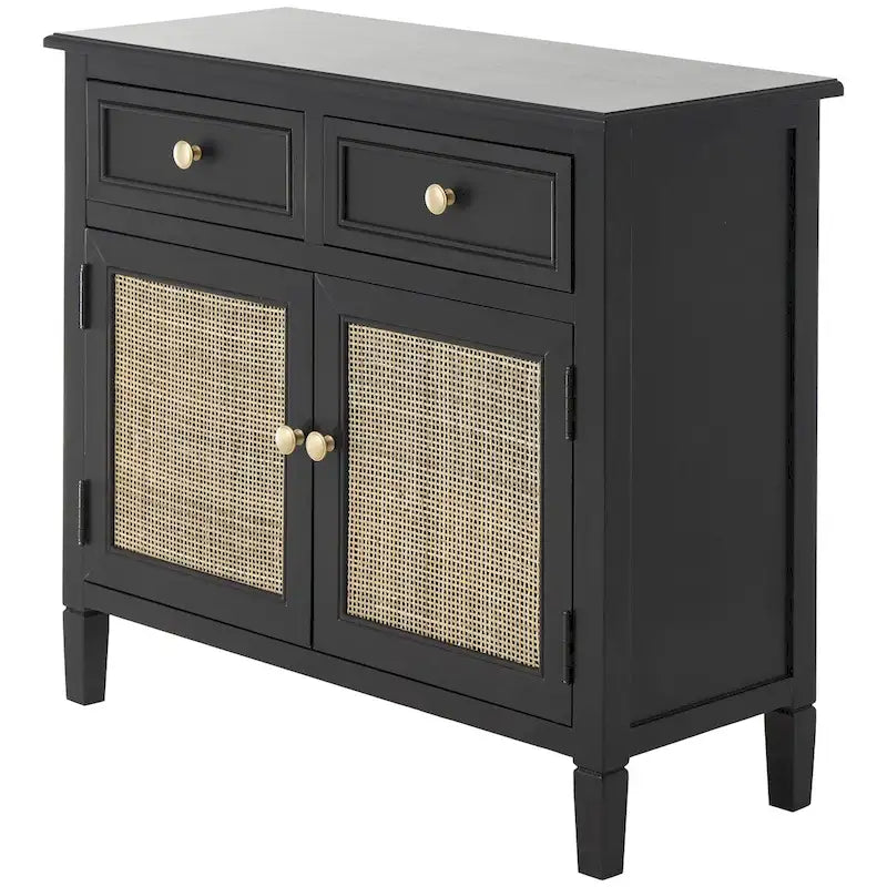 Mobiletto con 2 cassetti e 2 ante in legno fatto a mano con frontale in rattan - Nero -
