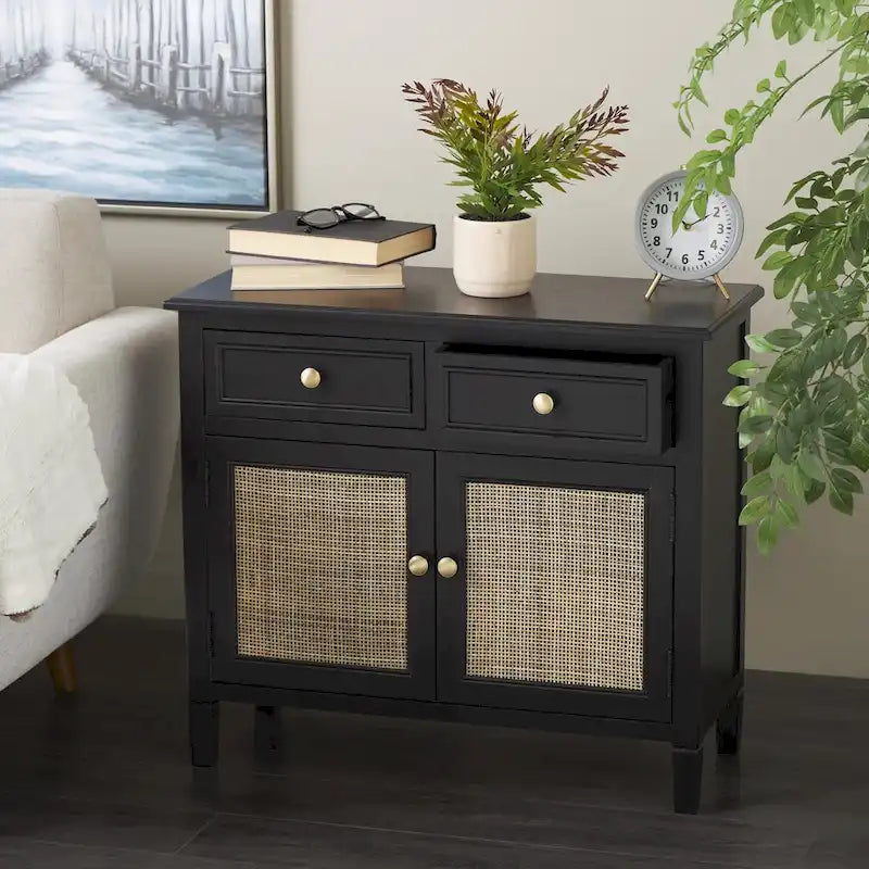 Mobiletto con 2 cassetti e 2 ante in legno fatto a mano con frontale in rattan - Nero -