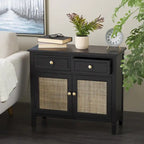 Mobiletto con 2 cassetti e 2 ante in legno fatto a mano con frontale in rattan - Nero -