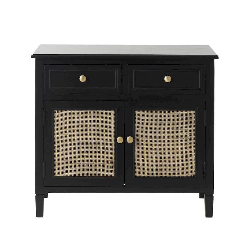 Mobiletto con 2 cassetti e 2 ante in legno fatto a mano con frontale in rattan - Nero -