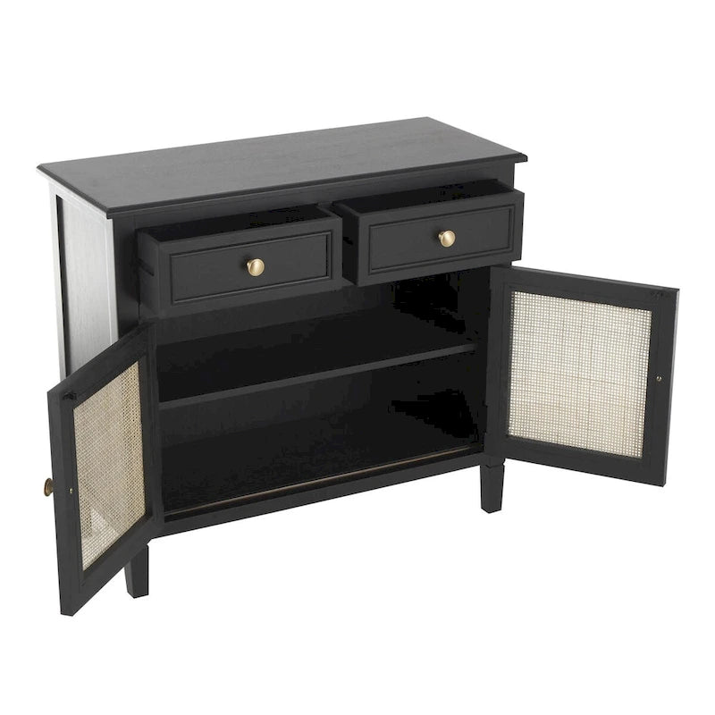 Mobiletto con 2 cassetti e 2 ante in legno fatto a mano con frontale in rattan - Nero -