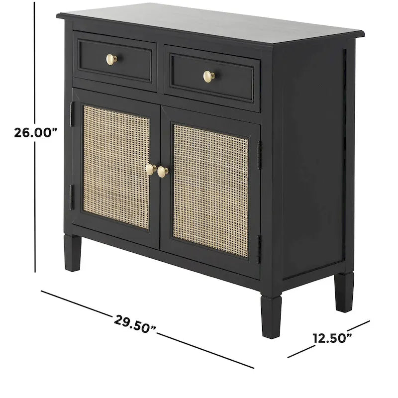 Mobiletto con 2 cassetti e 2 ante in legno fatto a mano con frontale in rattan - Nero -