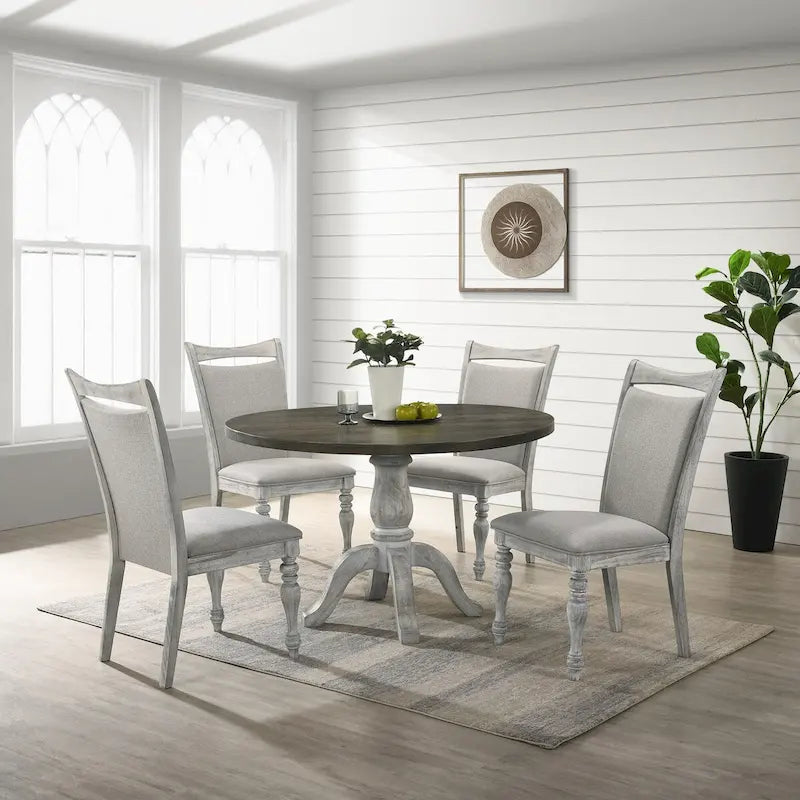 Set da pranzo da 5 pezzi, tavolo rotondo con piedistallo e 4 sedie, bianco e grigio anticato