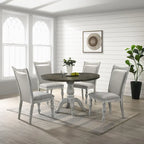 Set da pranzo da 5 pezzi, tavolo rotondo con piedistallo e 4 sedie, bianco e grigio anticato