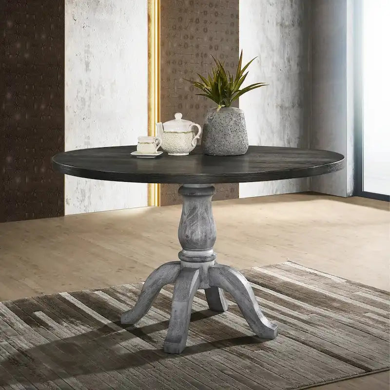 Set da pranzo da 5 pezzi, tavolo rotondo con piedistallo e 4 sedie, bianco e grigio anticato