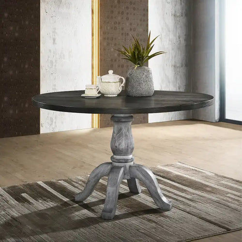 Set da pranzo da 5 pezzi, tavolo rotondo con piedistallo e 4 sedie, bianco e grigio anticato