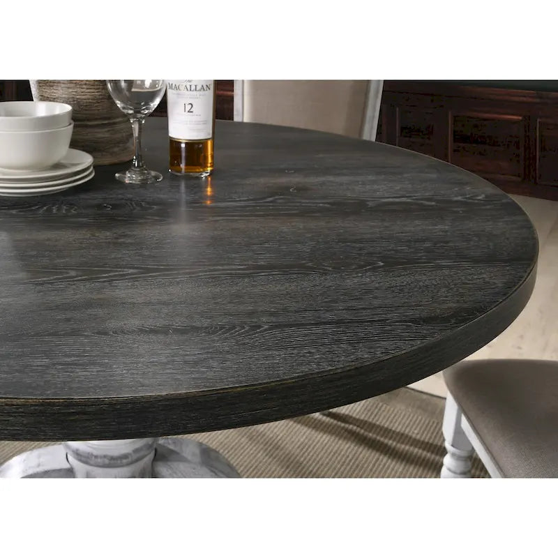 Set da pranzo da 5 pezzi, tavolo rotondo con piedistallo e 4 sedie, bianco e grigio anticato
