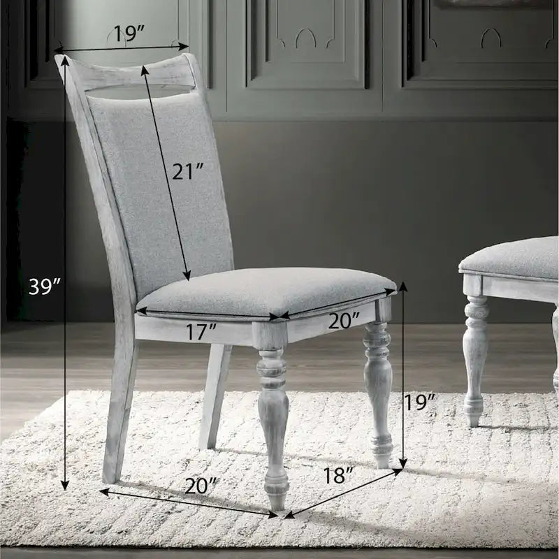 Set da pranzo da 5 pezzi, tavolo rotondo con piedistallo e 4 sedie, bianco e grigio anticato
